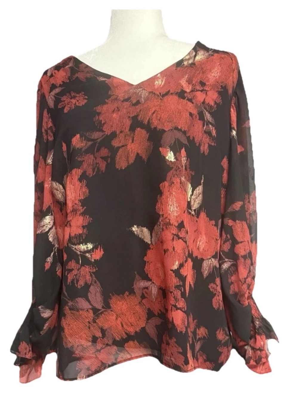 Vince Camuto Black Blouse with Red Floral Print